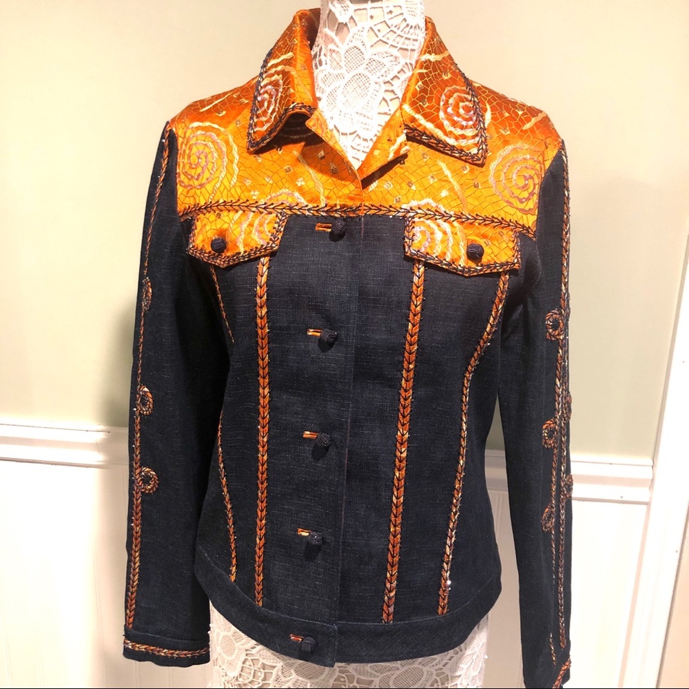 Denim Trucker Jacket- Silk Trim Embroidered Beaded Space Cowgirl Western Glam